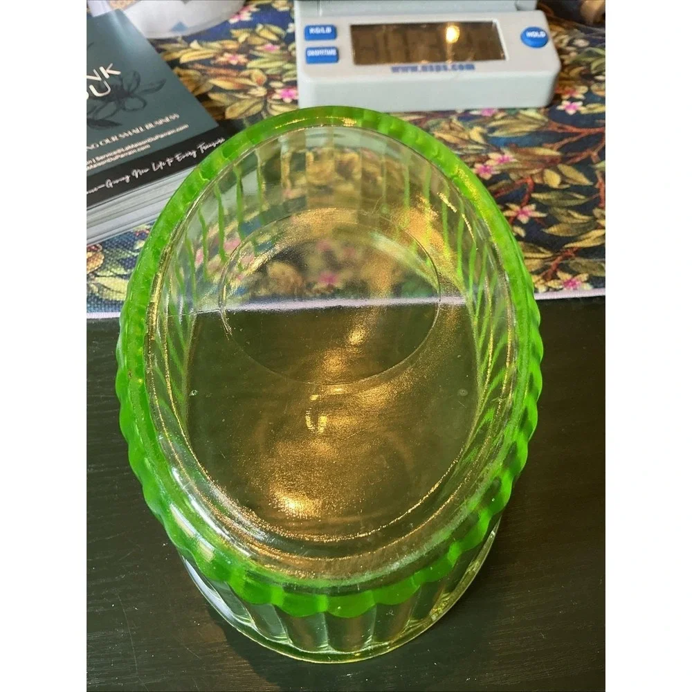 Vintage Uranium Glass Oval Ribbed Refrigerator Dish 7x5.25x2.5